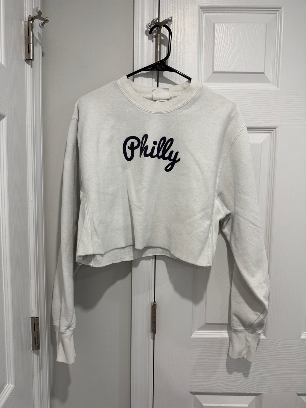 Champion White Cropped Sweatshirt with Navy 'Philly' Script